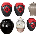 Decorative Ceramic Jar Ornament Set with Red Lids Wine Character Labels and Various Designs