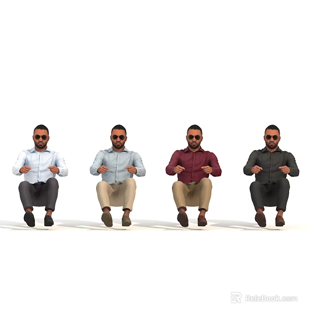 Men Wearing Sunglasses Sitting In Different Colored Casual Shirts And Pants 3d model 