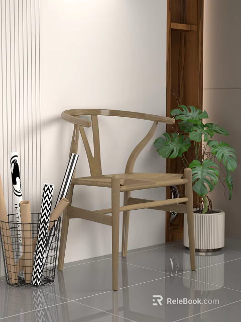 Light Wooden Leisure Chair With Curved Armrests And Monstera Plant Near Metal Basket Decorative Papers 3d model 