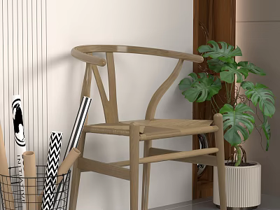 Light Wooden Leisure Chair With Curved Armrests And Monstera Plant Near Metal Basket Decorative Papers 3d model