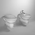 White Toilet With Brown Lid And Bidet In Bathroom Design Sketches