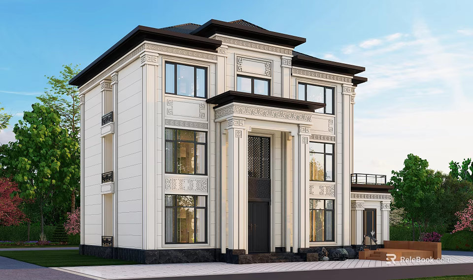 Classical Two Story Detached Villa With White Exterior Black Roof Columns And Greenery 3d model 