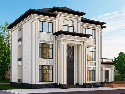 Classical Two Story Detached Villa With White Exterior Black Roof Columns And Greenery 3d model
