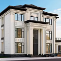 Classical Two Story Detached Villa With White Exterior Black Roof Columns And Greenery