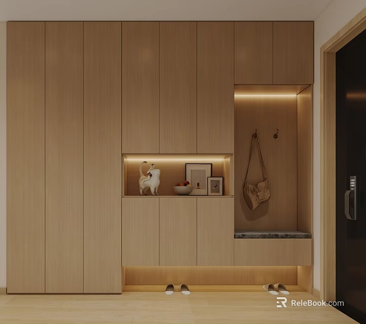 Modern Entryway Hallway With Wooden Cabinets Built in Niche Decorative Items and Shoe Storage 3d model 
