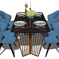 Dining Table Set Featuring Black Table Blue Chairs Tableware Wine Bottle And Yellow Vase 3d model