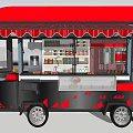 Red Roof Food Truck With Striped Awning Black Red Patterns Interior Shelves And Wheels