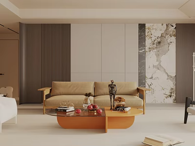 Modern Living Room With Beige Sofa Wooden Coffee Table Fruits Books And Marble Accent Wall 3d model