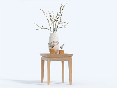 Wooden Side Table Featuring White Vase with Branches and Small Wooden Containers 3d model