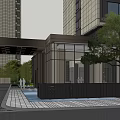 Hotel Building With Glass Facade Overlooking Garden Lawn And Trees