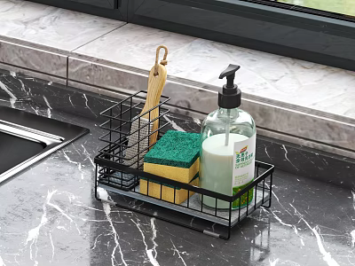 Black Metal Kitchen Sink Rack With Sponge Hand Soap And Wooden Spatula On Marble Countertop 3d model