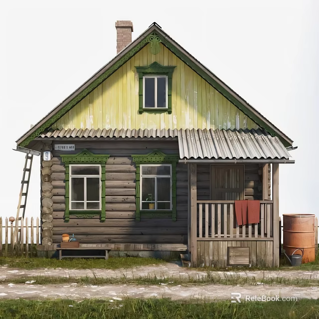 Traditional Wooden Detached House With Yellow Green Trim Porch Windows And Barrel 3d model 