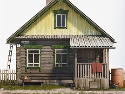 Traditional Wooden Detached House With Yellow Green Trim Porch Windows And Barrel 3d model