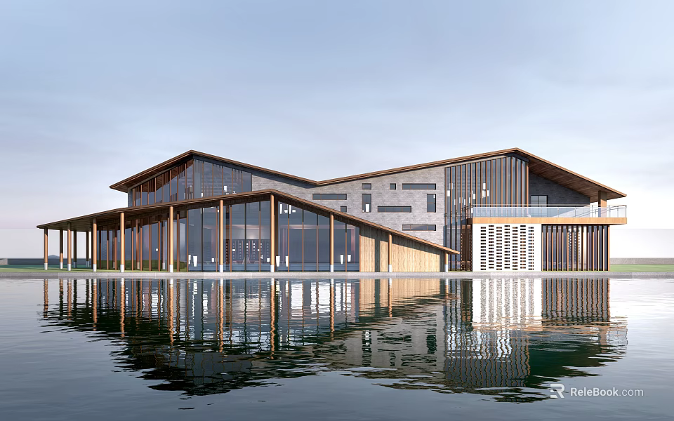 Modern Sales Office Building Featuring Large Roof Glass Curtain Wall Wooden Structure And Water Reflection 3d model 