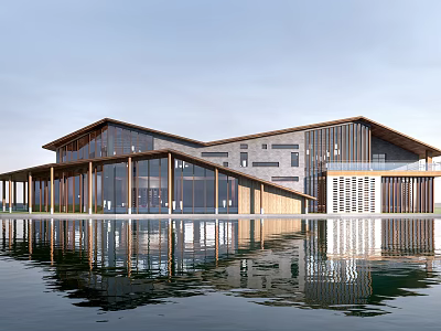 Modern Sales Office Building Featuring Large Roof Glass Curtain Wall Wooden Structure And Water Reflection 3d model