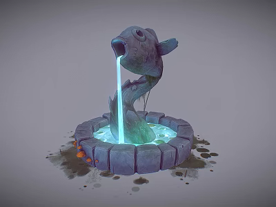 Cartoon Scene Fish Shaped Fountain With Glowing Blue Water Circular Stone Base And Decorative Elements 3d model