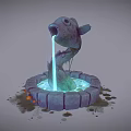 Cartoon Scene Fish Shaped Fountain With Glowing Blue Water Circular Stone Base And Decorative Elements
