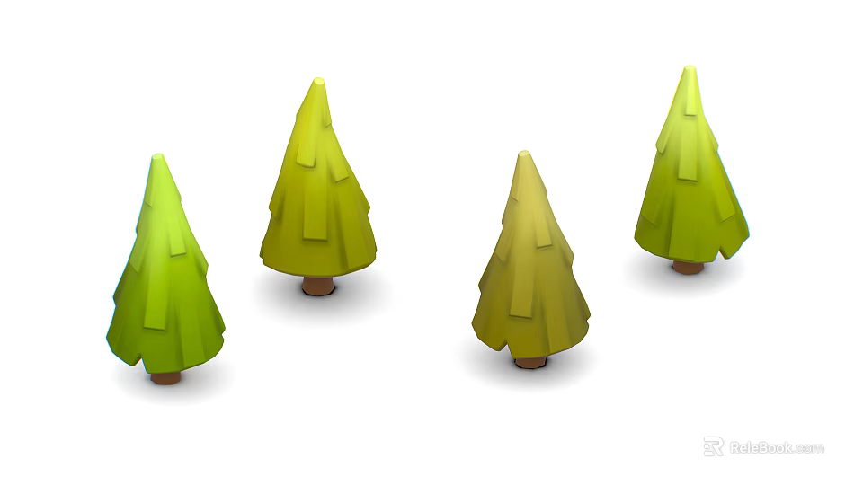 Cartoon Scene With Four Green Conical Trees And Brown Trunks 3d model 