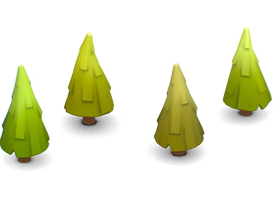 Cartoon Scene With Four Green Conical Trees And Brown Trunks 3d model