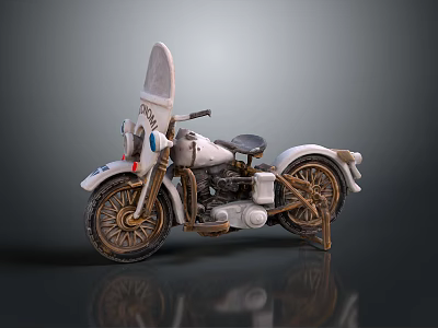 Vintage White Police Motorcycle With Classic Siren Black Seat And Metallic Wheels 3d model