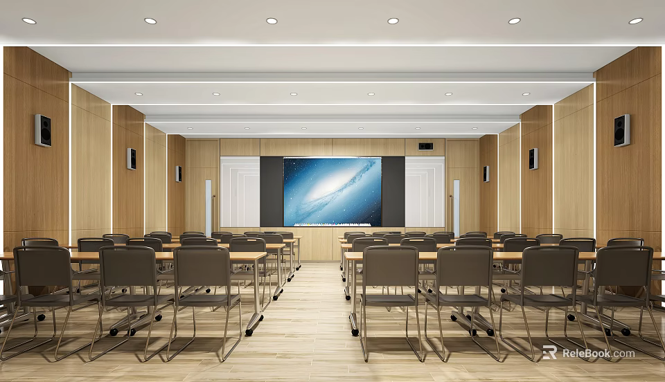 Spacious School Classroom With Neatly Arranged Desks Front Projection Screen Wooden Walls And Bright Lighting 3d model 