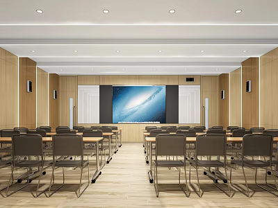 Spacious School Classroom With Neatly Arranged Desks Front Projection Screen Wooden Walls And Bright Lighting 3d model