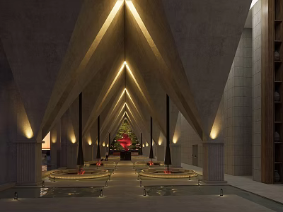 Grand Hotel Lobby Interior With High Arched Ceiling Warm Lighting And Central Decorative Tree 3d model