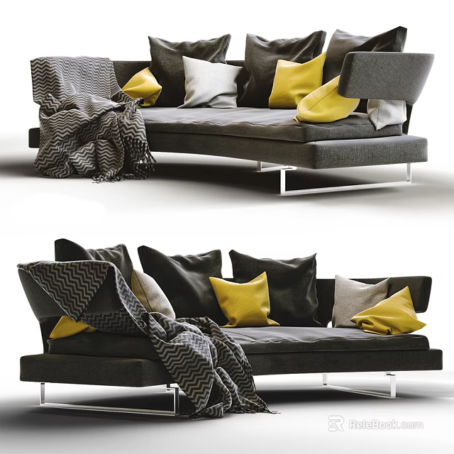 Modern Gray Sectional Sofa With Yellow Pillows Patterned Throw Blanket And Metal Legs 3d model