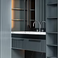 Elegant Modern Bathroom Vanity With Marble Countertop Mirror Warm Lighting And Dark Cabinets