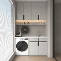 Home Balcony Laundry Space Design With Washing Machine Sink White Cabinets Shelf And Blinds