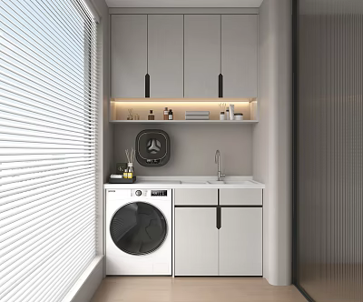 Home Balcony Laundry Space Design With Washing Machine Sink White Cabinets Shelf And Blinds 3d model
