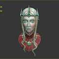 Woman 3D Model With Long Golden Hair Green Gem Crown Red Outfit