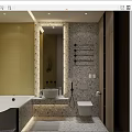 Modern Bathroom Interior With Marble Walls Free-standing Bathtub Towel Rack Toilet And Vanity