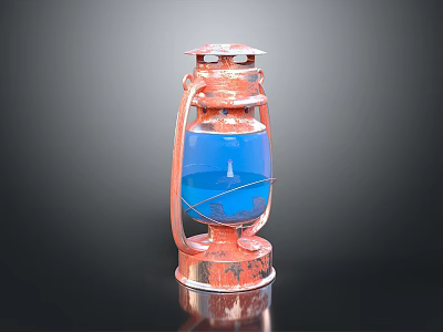 Rusted Kerosene Lamp With Blue Liquid Metal Handle And Reflective Base 3d model