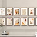 Warm Tones Geometric Pattern Wall Decor With White Framed Paintings And Shelf Decorations 3d model