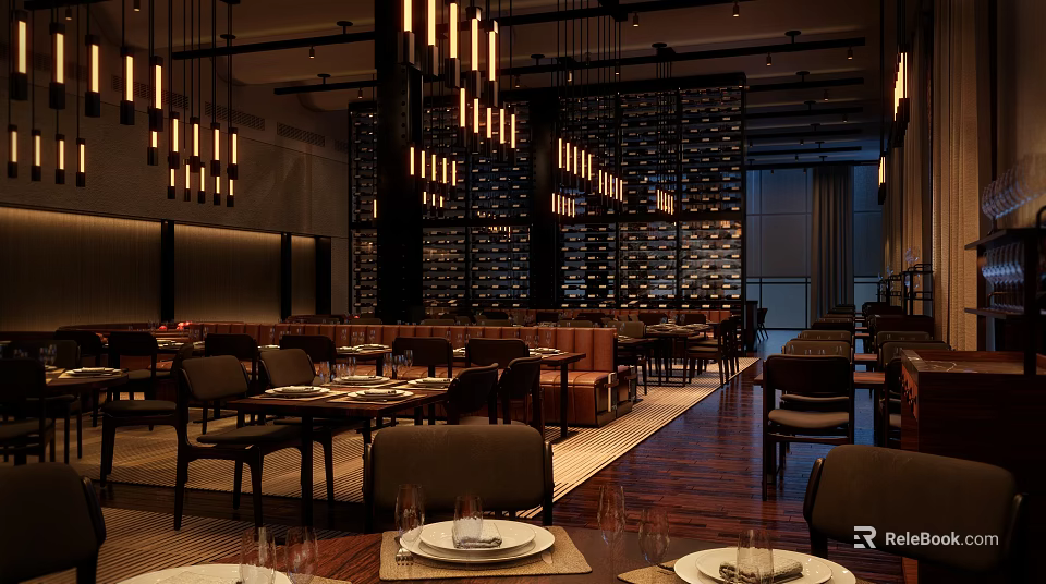 Modern Restaurant Interior With Chandeliers Dining Tables Warm Lighting And Decorative Walls 3d model 