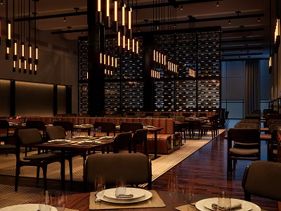 Modern Restaurant Interior With Chandeliers Dining Tables Warm Lighting And Decorative Walls 3d model