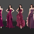Women Standing In Elegant Strapless Maroon Gradient Evening Dresses With Ruffled Designs