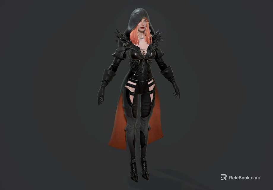 Woman in Black Outfit with Red Cape and Hood as 3D Model with Spiked Decorations 3d model 