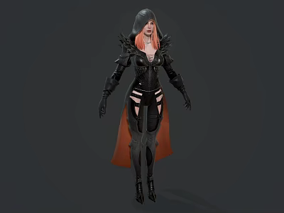 Woman in Black Outfit with Red Cape and Hood as 3D Model with Spiked Decorations 3d model