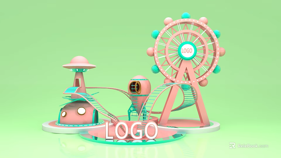 Playground With Pink Ferris Wheel Blue Accents Pink Tower Slide LOGO Text Light Green Background 3d model 