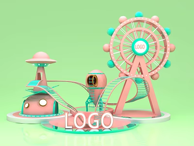 Playground With Pink Ferris Wheel Blue Accents Pink Tower Slide LOGO Text Light Green Background 3d model