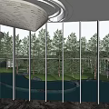 Modern Garden Landscape View Through Glass Windows With Lush Trees Lawn And Water Pond Reflections