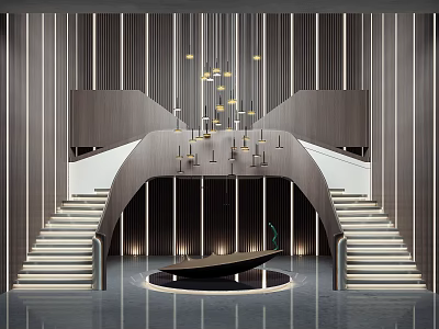 Modern Luxury Lobby Stairs With Striped Walls Chandelier And Circular Platform 3d model