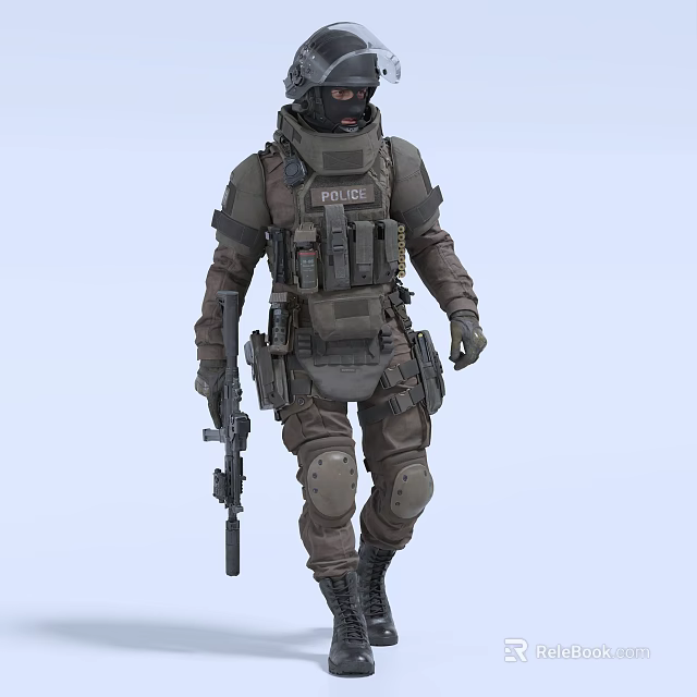 Man in Police Tactical Uniform Armed With Rifle and Tactical Gear 3d model 
