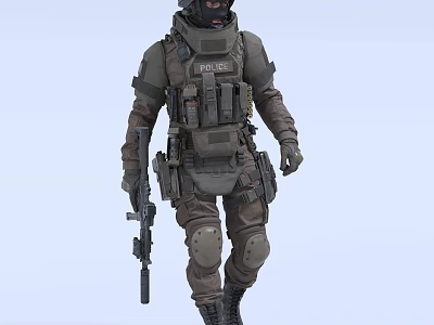 Man in Police Tactical Uniform Armed With Rifle and Tactical Gear 3d model