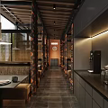 Modern Restaurant Interior With Long Corridor Booth Seating Warm Lighting And Slate Flooring 3d model