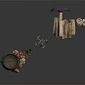 Outdoor Barbecue Grill Setup With Skewers Herbs Frying Pan Tools And Firewood