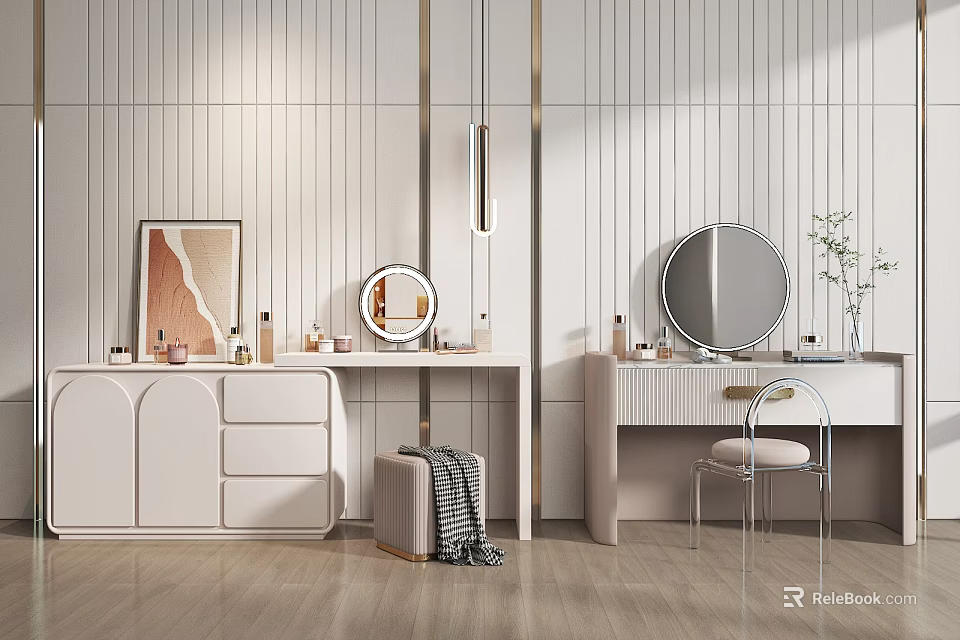 Elegant Modern Dressing Tables With Round Mirrors Storage Cabinets Stools And Wall Paneling 3d model