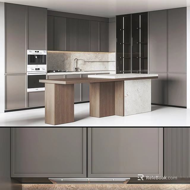 Modern Gray Kitchen Interior Design With Marble Island Counter And Wooden Cabinets 3d model 